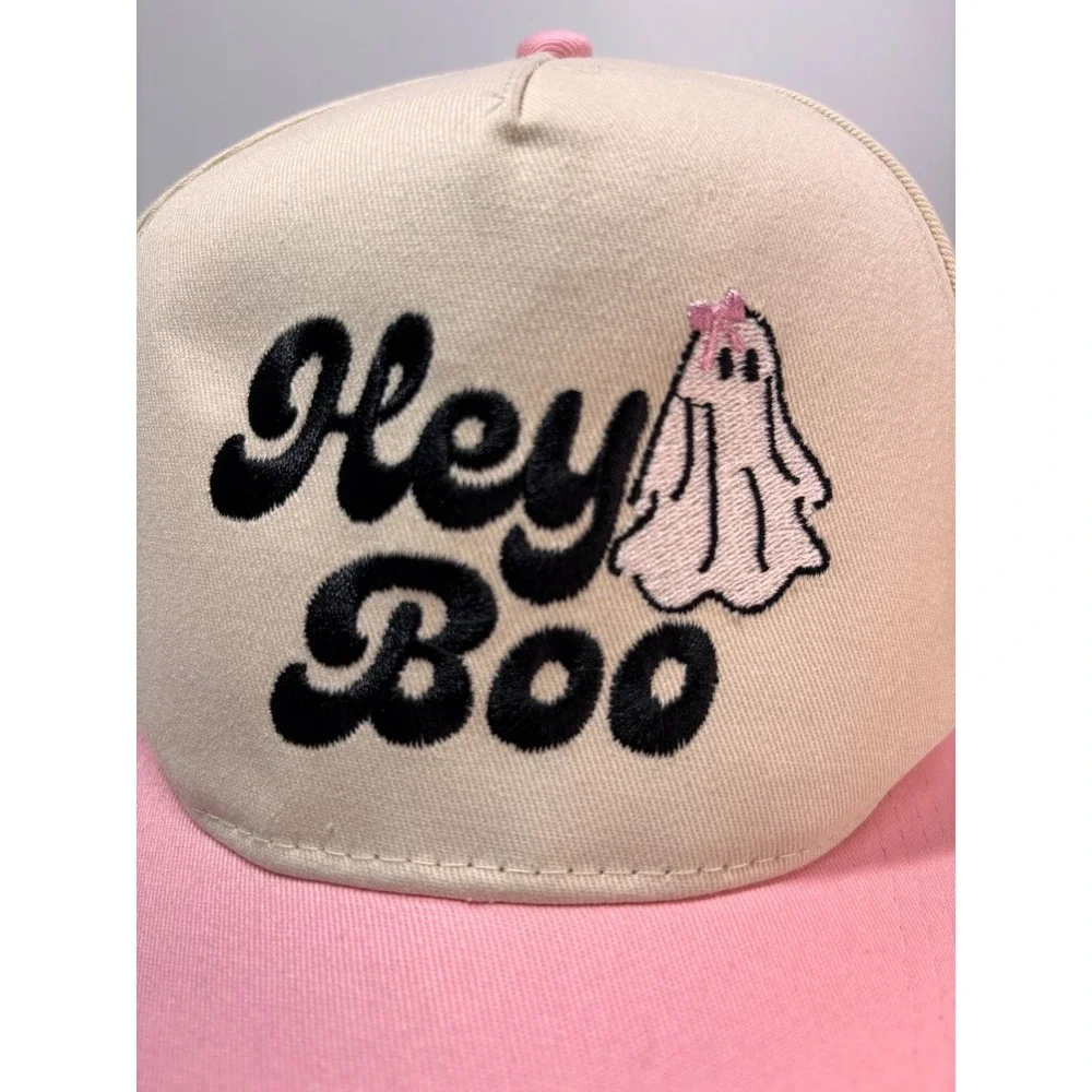 Hey Boo Ghost Halloween Bow Emb Trucker Hat Cap Pink Lily Embroidered Snap Back